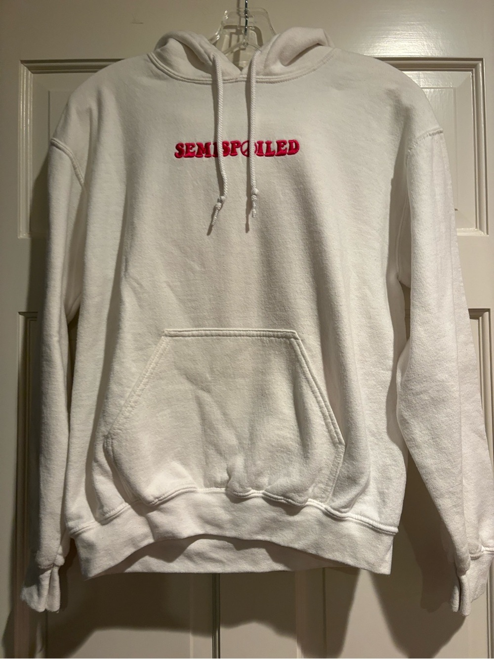 Spoiled Embroidered White Hoodie with Red Logo